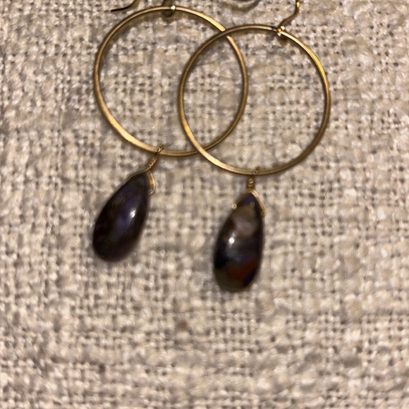 Gold Hoops with Purple Gemstone Drop - Picture 2 of 4